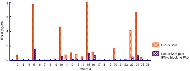 Figure 2. IFN-α Specific Signal in Lupus Patients. Lupus patient serum number. Purple bars represent non-specific signal, i.e., signal not blocked by AntiIFN-α PAb.
